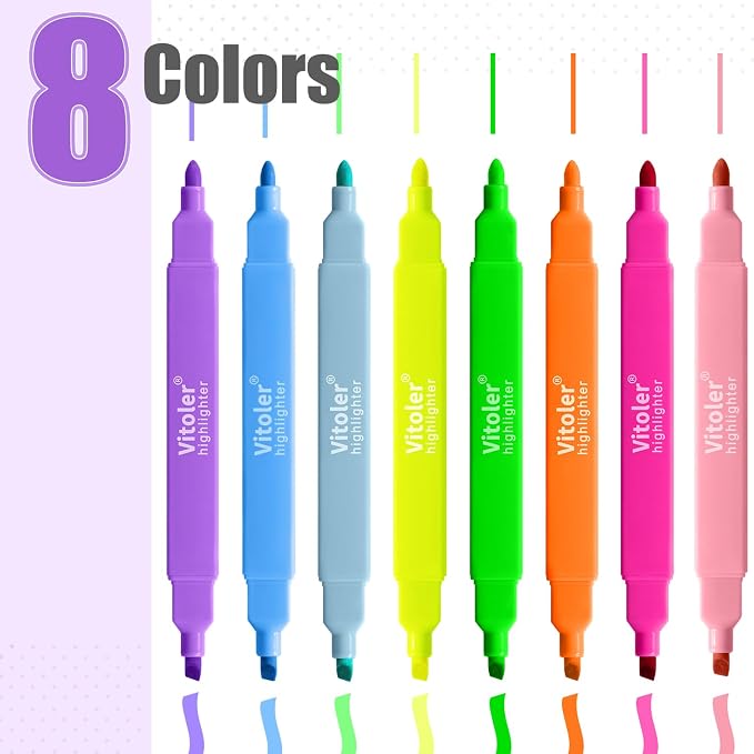 Vitoler Highlighters Assorted Colors, 8 Pack Dual Tip Pastel Highlighters | Non-Toxic, Quick-Drying Ink, Soft Tip, Fine & Chisel, for Teachers, Nurses, Office, School, Bible Study, Journaling
