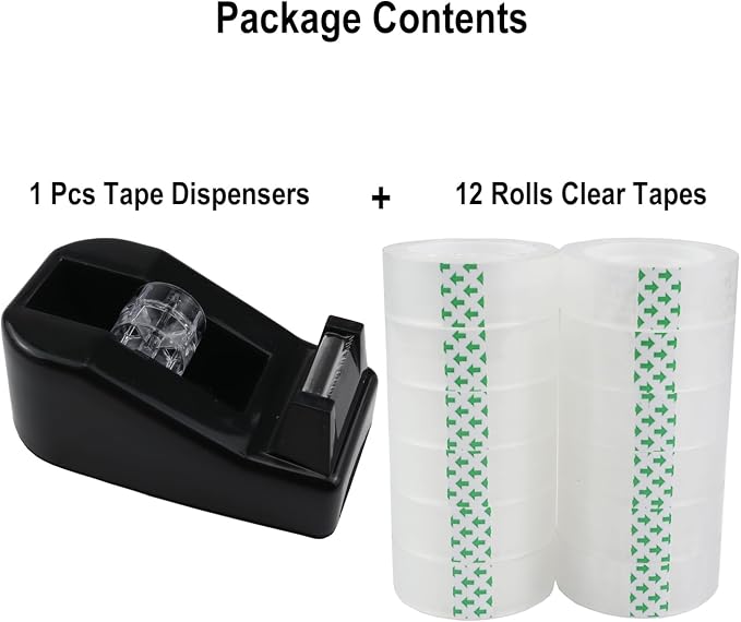 Desktop Tape Dispenser,1 Pack Black Tape Dispensers with 12Rolls Transparent Tape, for Packaging in Office,Restaurant, Flower Shop,Cake Shop (Black)