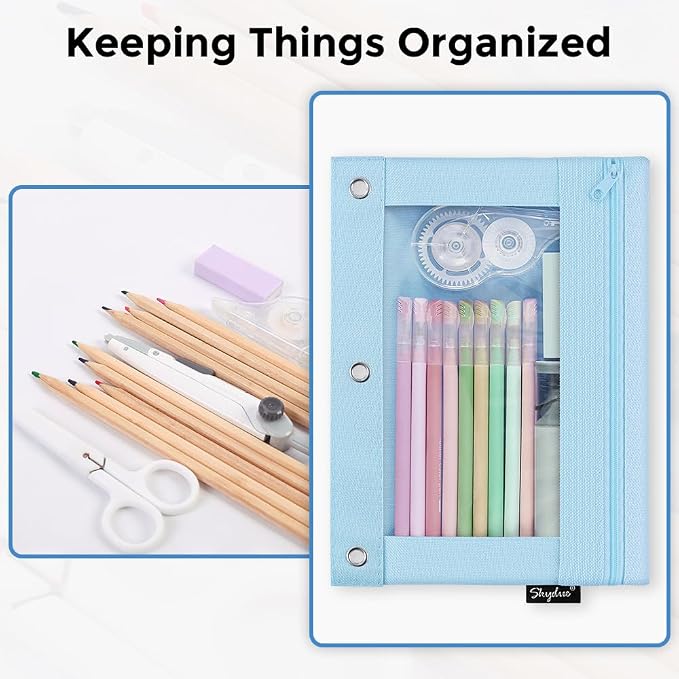 3 Ring Pencil Pouch for Binder, Zipper Pencil Case with Clear Window, Durable Binder Pencil Pouch for School Supplies, Fits Standard 3 Ring Binders, Organizer for Students, Teachers & Office Use