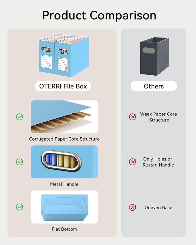 Oterri File Organizer Box, Portable Collapsible Cardboard File Folder Organizer with Handle for Letter Size Hanging Files, Document Storage Box for Home Office & Classroom (8 Packs,Colorblock)