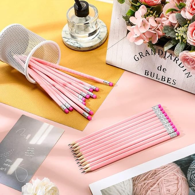 Tinlade 50 Pcs Pink Triangular Grip Pencils Back to School Wood Wedding Pencils HB Graphite Pencil Pack Eraser for Baby Shower Drawing Sketching Bridal Shower Office Supplies