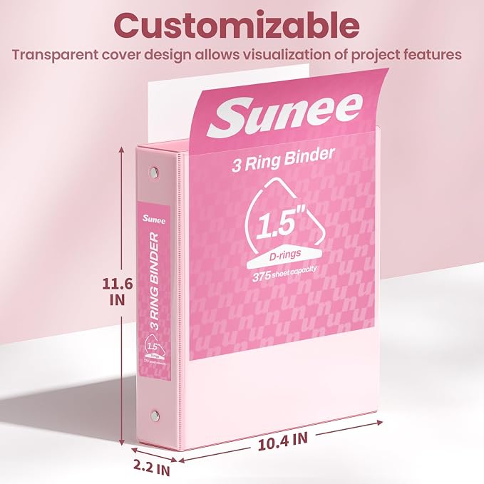 SUNEE 3 Ring Binder 1.5 Inch D Ring, Clear View Binder Three Ring PVC-Free (Fit 8.5x11 Inches) for School or Office Supplies, Assorted Pastel, 4 Pack