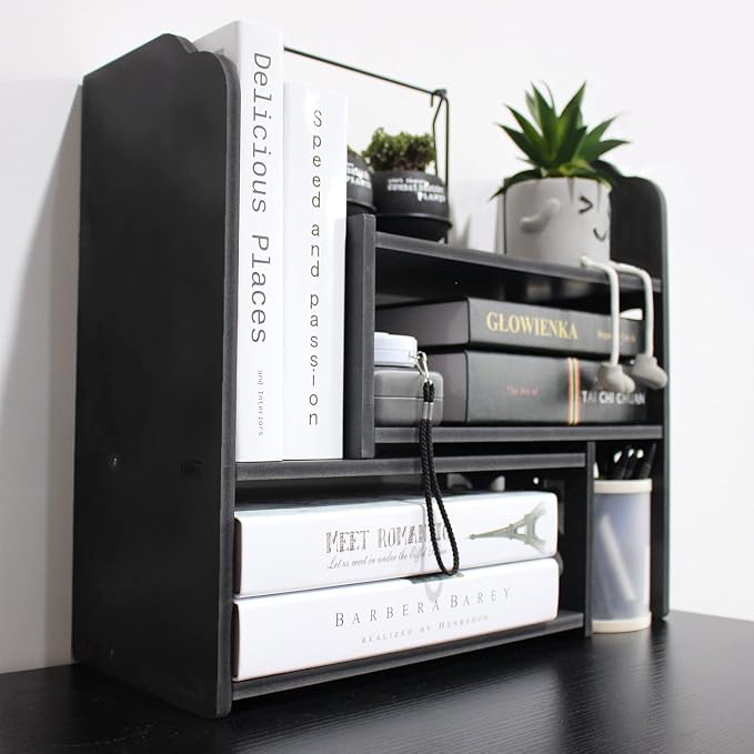 YGYQZ Adjustable Desktop Shelf Organizer, 3-Tier Expandable Desk Shelf, Black