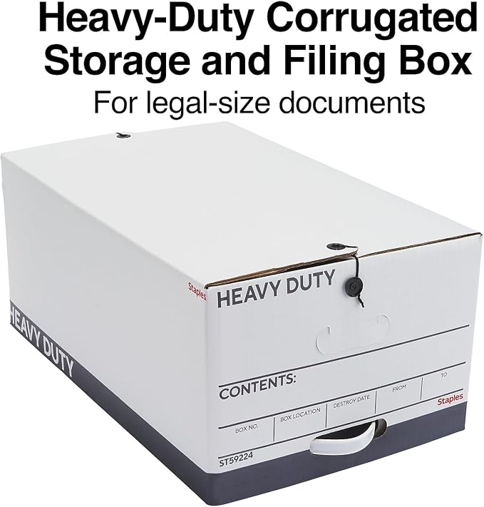 STAPLES Heavy Duty File Box, String and Button Lid, Legal, White/Gray, 4/Pack (TR59224)