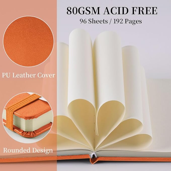 5x5" Pocket Sketch Book,80gsm Hardcover Art Sketchbook for Drawing Journal | PU Cover,Blank Paper,96Sheets/192Pages,Lay-Flat,Portable Travel Creation Paint Diary Memo Planner,Dry Media.Orange