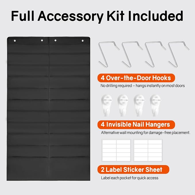 SUNEE 20 Pockets Hanging Wall File Organizer, Black Storage Pocket Chart for File Folder and Paper, Space Saver for Office and Classroom, with Wall Hangers, Over The Door Hooks, Labels