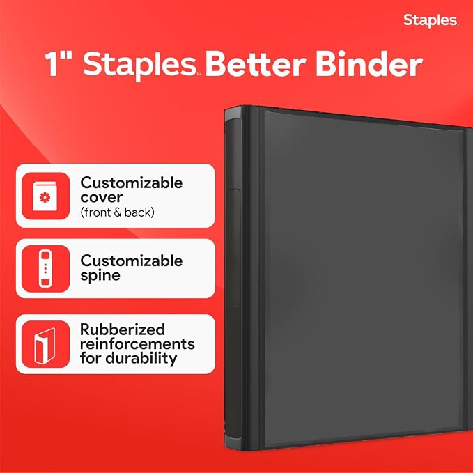 Staples Better 1-Inch D-Ring Binder, Black – Heavy-Duty 3-Ring Binder for School & Office Organization