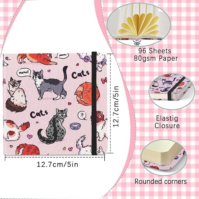 qianshan 4.8" x 4.8" Hardcover Sketchbook,Small Mixed Media Sketch Pad,96 Sheets 80gsm Acid-Free Artist Travel Journal Pocket Blank Notepad for Adults Drawing Painting,Art Supplies.Pink Cute Cat
