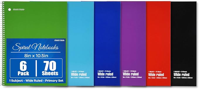 Mintra Office Spiral Notebooks Set - Primary Colors, Wide Ruled, Journals for School, Work, Business, Aesthetic Stationery, Writing Pads, Teacher & Student Supplies, 70 Sheets Each, 6-Pack