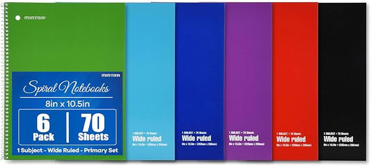Mintra Office Spiral Notebooks Set - Primary Colors, Wide Ruled, Journals for School, Work, Business, Aesthetic Stationery, Writing Pads, Teacher & Student Supplies, 70 Sheets Each, 6-Pack