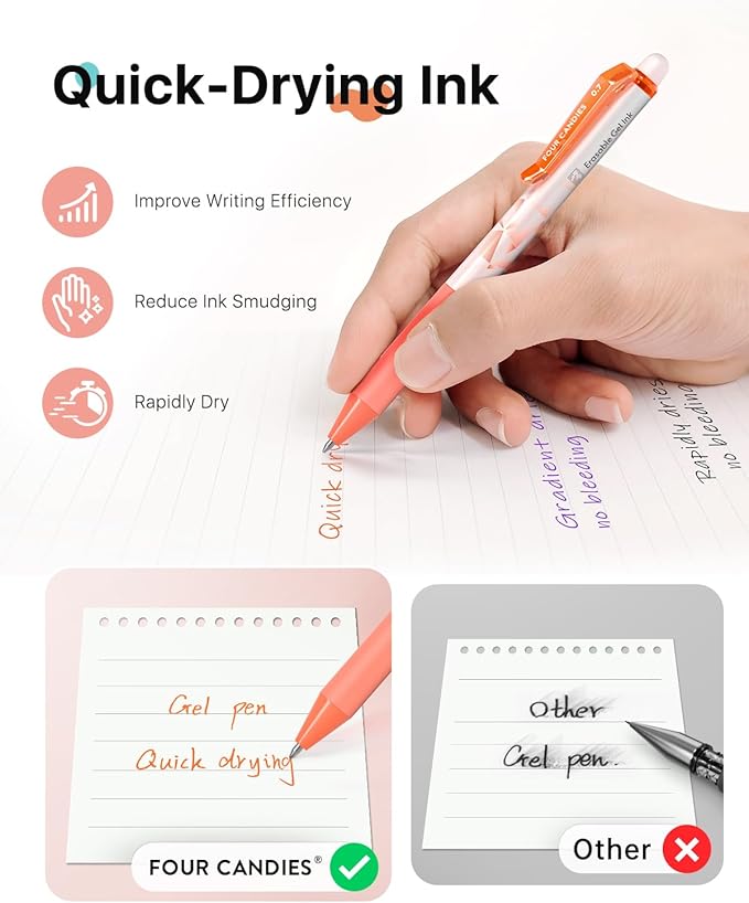 Four Candies Retractable Erasable Gel Pen, Fine Point, 0.7mm, 24 Colors | Make Mistakes Disappear, Vibrant Assorted Color Erasable Pens for Writing, Planners & Crossword Puzzles