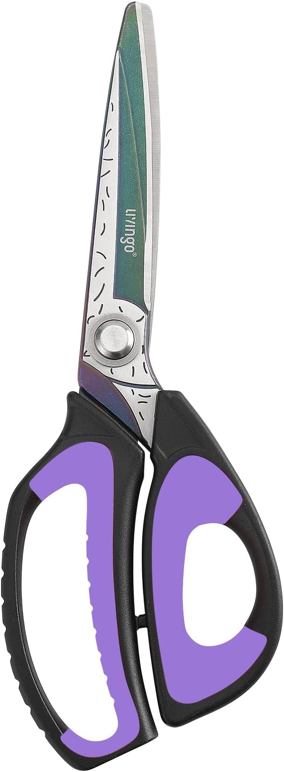 LIVINGO 10" Heavy Duty Multipurpose Shears for Shop & Garden (Black/Purple) | Forged Stainless Steel With Titanium Coating Cuts Fabric, Cardboard, Pruning Branches, Household Materials, Rust-resistant
