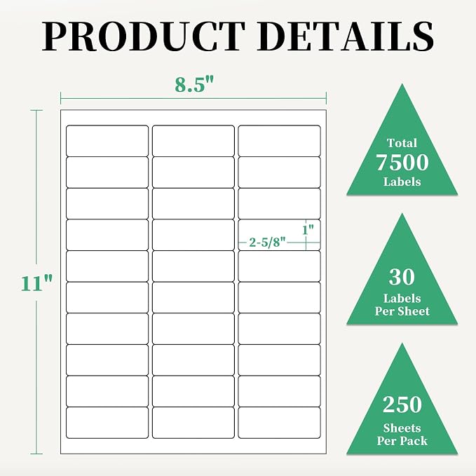 1 x 2-5/8 Inch Address Labels, 250 Sheets, 7,500 Labels | 30 Labels Per Sheet for Laser & Inkjet Printers, Smooth White Surface, Permanent Adhesive, Clear Printing