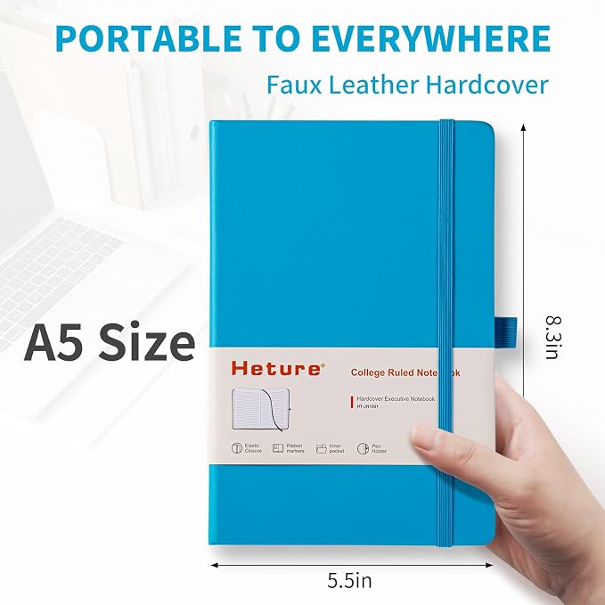 Heture Hardcover Journal Notebooks, A5 Lined Notebook for Writing and Work, 160 Pages 100 GSM Thick Paper, Ruled Notebooks Bulk with Elastic Closure, Hardcover Notebook for Work, School, Travel, Note Taking (Turquoise Blue, 1 Pack)