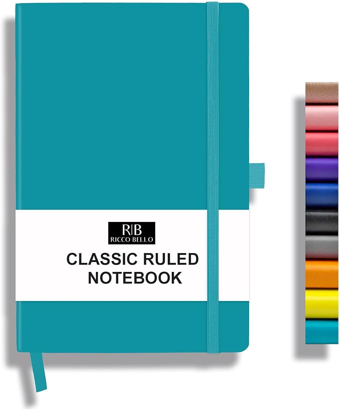 RICCO BELLO Lined Journal Notebook, Teal, 5.7 x 8.4-Inches | Faux Leather Hardcover, Pen Holder, College Ruled, 96 Sheets / 192 Pages, For Work & Notes