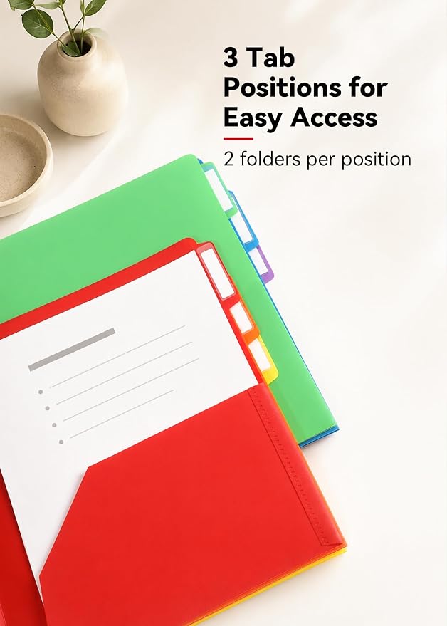 SortRax Plastic Folders with Pockets, 6 Pack 2 Pocket Folders, 1/3 Cut Tabs, Assorted Colors