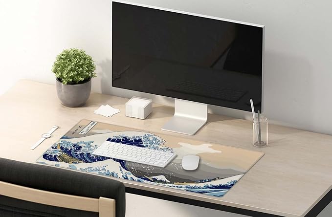 SSOIU Extended Gaming Mouse Pad (35.5x15.7 in), Large Stable Rubber Base Mousepad with Stitched Edges, Keyboard Mouse Mat Desk Pad for Work, Game, Office, Home - Great Wave Off Kanegawa