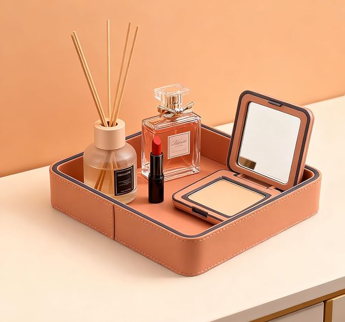 Luxury Faux Leather Square Vanity Tray 8''x8''x1.5'', Elegant Decorative Jewelry & Makeup Organizer for Dresser Vanity Bathroom Counter, Premium Storage Tray for Perfume Skincare Cosmetics