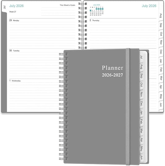 2026-2027 Planner - Planner 2026-2027 from July 2026 - June 2027, Weekly & Monthly Planner Spiral Bound with 12 Monthly Tabs, Inner Pocket, 6.4" x 8.5", Grey-E