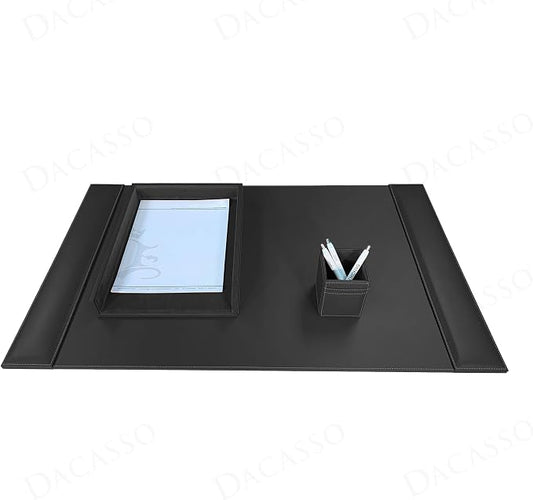 Dacasso Rustic Black Leather 3-Piece Desk Set - Office Organization Essentials with Desk Pad/Blotter - Luxury Executive Decor