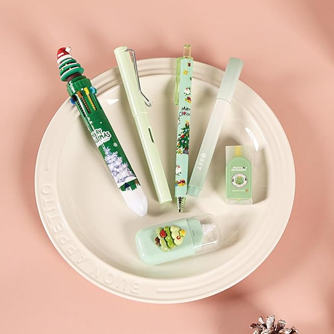 MOZXIRZ 6 Pcs Cute Christmas Stationery Set for Women Men Xmas School Supplies Office Supplies Including Gel Ink Pens Ballpoint Pens Pencil Eraser Christmas Gift (Xmas-Green)