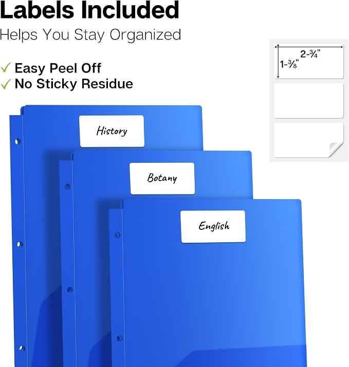 Dunwell Plastic 2-Pocket Folders for 3-Ring Binders, (3 Pack, Blue) 3 Hole Punched, Divider Folder for Notebooks, Durable Poly, Fits 8.5x11 Sheets, Includes Labels