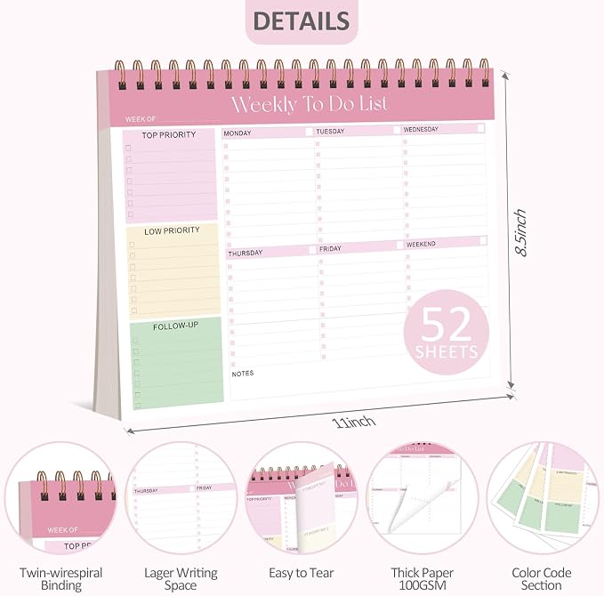 Weekly To Do List Notepad, 52 Sheets Undated Weekly Planner, 8.5"x11" Letter Size Horizontal Desk Pad with 100GSM Thick Paper, Twin-Wire Spiral Bound Tear Off Lined Organizer for Office Work, School & Home
