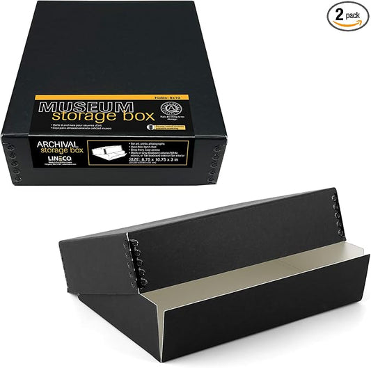 Lineco Drop Front Archival Storage Box, 8.75x10.75x3 in, Black, 2 Pack | Acid-Free with Metal Edge, Preserves Picture Longevity, Organize Photos, Newspapers, Prints, Documents, Crafts, DIY
