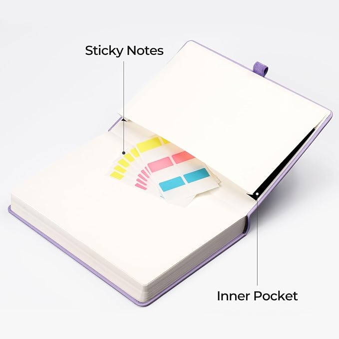 EMSHOI Lined Journal Notebook, 320 Numbered Pages, A5 Size (5.7'' x 8.3'') | Leather Hardcover, 100 GSM Thick Paper, for Women & Men, Journaling, Writing, Work & Office, Sun Debossed (Light Purple)
