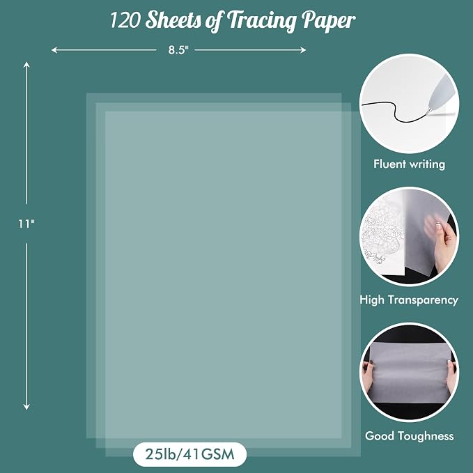 120 Sheets 8.5”x 11” Tracing Paper, Loose Translucent Trace Drawing Paper | 25 lb/41gsm, for Drawing Pad Book Sketchbook Coloring Painting, Sketching, Overlaying, Vellum Paper Trace Tracing Paper