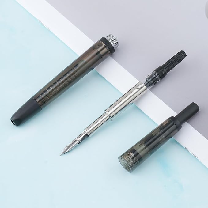 Jinhao 20 Press Retractable Fountain Pen Extra Fine Nib with Converter Resin Writing Gift Pen, Transparent Black