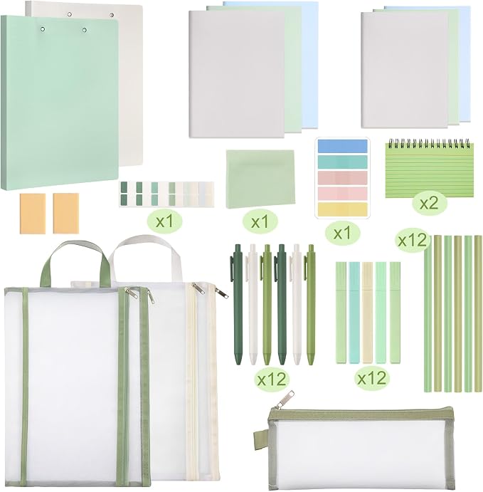 Colarr 54 Pcs Aesthetic College School Supplies Back to School Set,Green | 3 A5 + 3 B5 Lined Notebook, 12 Gel Pen, 12 Pencil, 12 Highlighter, Sticky Tabs, Folder Storage Bag, Journal Stationery Set