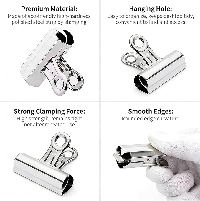 Extra Large Bulldog Clips, 6 Pcs, 2.6 Inch, Silver, 65 mm, Hinge Paper Clips, Metal Clamps for Crafts, Food Bags, Drawings, Photos
