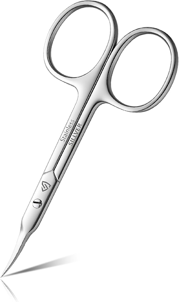 SILLVER Cuticle Scissors Curved Blade - Extra Fine Pointed Tip Professional Manicure Grooming Scissors for Cuticles, Beard, Nose Hair, Eyelash, Mustache - Eyebrow Scissors