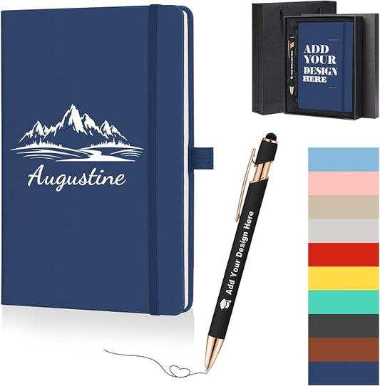 ENOMY Personalized A5 Notebook Gift Set with Custom Pen PU Leather Journal Box, Blue