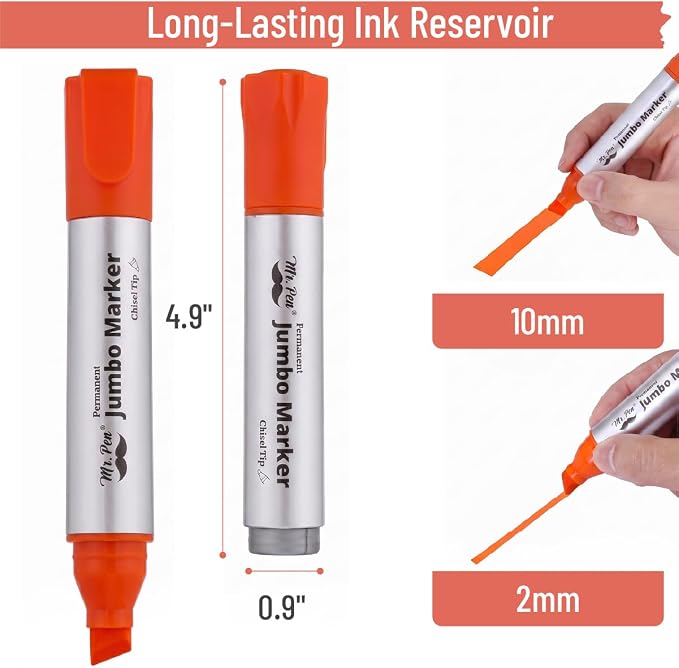 Mr. Pen- Jumbo Permanent Markers, 4 Pack, Orange, Chisel Tip, Wide Tip | Large, Thick Permanent Markers for Canvas, Posters Board, Fabric, Window, Glass, Wood, Waterproof, Quick Dry