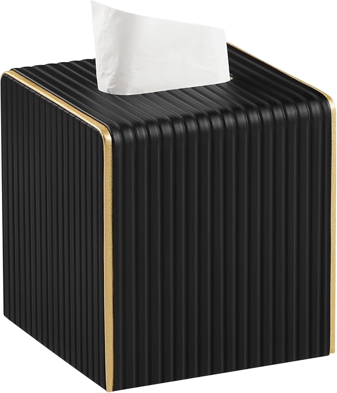 Square PU Leather Tissue Box Cover with Magnetic Closure, Decorative Tissue Holder & Storage Container for Bedroom, Living Room, Dining Room, Bathroom, Countertop, Desk & Office (Black)