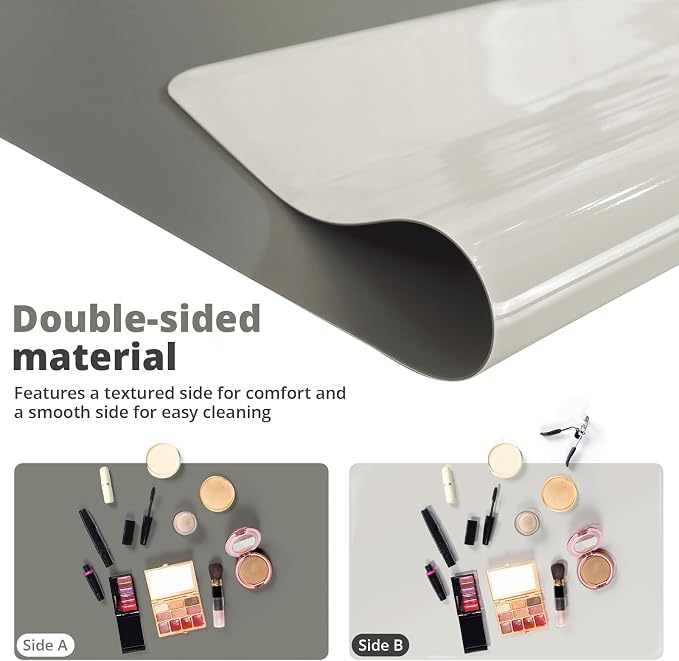 LovePads Makeup Mat for Vanity, 16 x 36 Dual-Sided Desk Pad & Vanity Cover Top, Waterproof PVC Protector Mat for Dresser, Nail Art, Craft Table (Dark Grey+Grey)