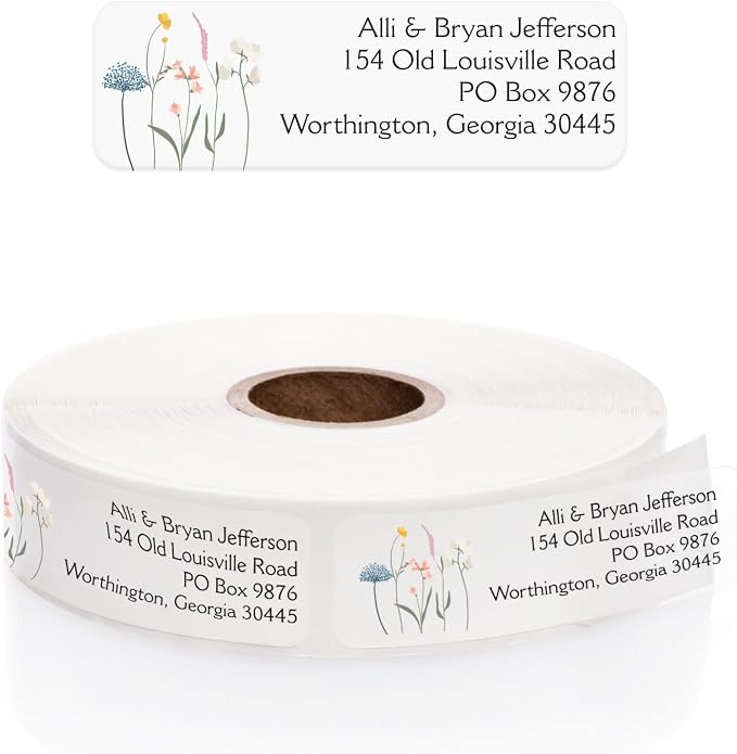Clear Wildflower Rolled Address Labels / 500 Personalized Return Address Labels/Designer Address Stickers in Elegant Plastic Dispenser