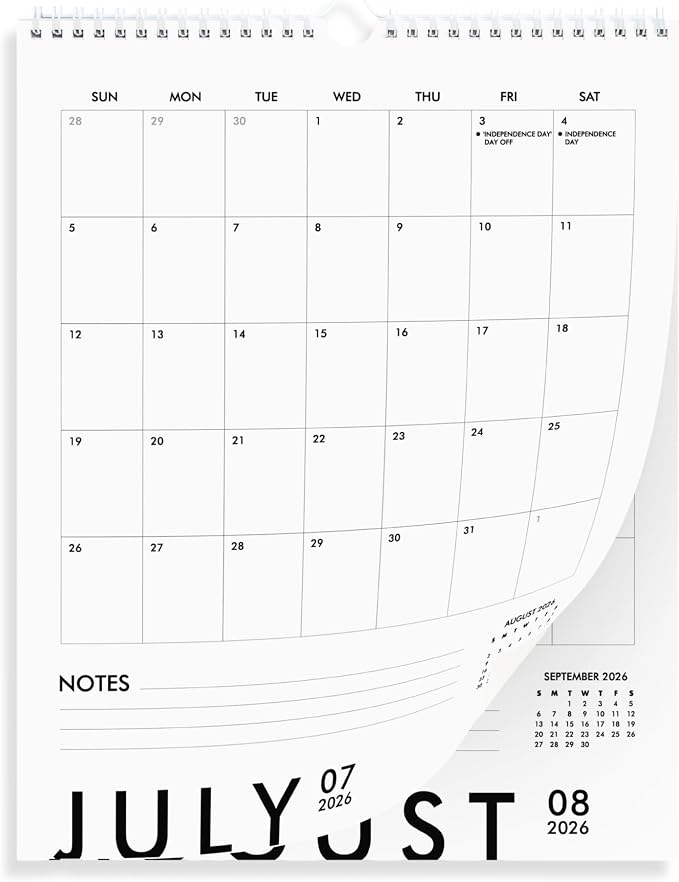 Modern Vertical Wall Calendar 2026-2027 - 18 Month Calendar January 2026 to June 2027, 11x13.5 Inches Sleek Black & White Design with Spiral Twin-Wire Binding
