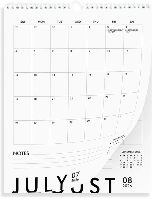 Modern Vertical Wall Calendar 2026-2027 - 18 Month Calendar January 2026 to June 2027, 11x13.5 Inches Sleek Black & White Design with Spiral Twin-Wire Binding