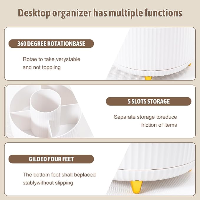 Gawsey White Desk Organizers and Accessories with Desk Organizer 360° Rotating Pen Holder and Office Supplies, Cute Stationery Supplies Set