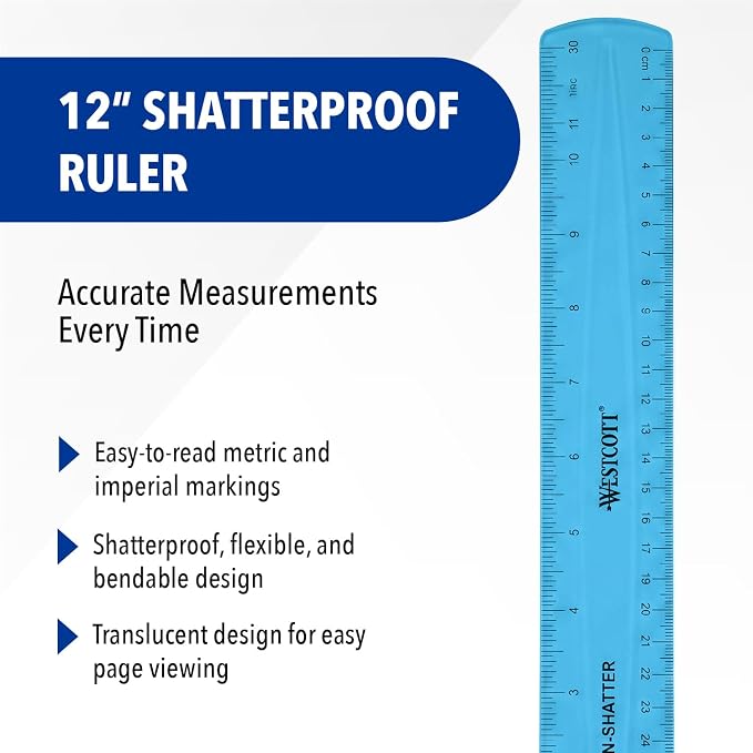 Westcott Shatterproof Ruler, 12-Inch, Blue, 16010