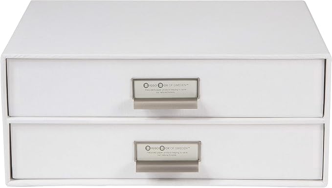 Bigso Box of Sweden Birger 2-Drawer Fiberboard Label Frame Document Letter Box | Desktop Drawers for Loose Papers, Documents & More with Metal Label Holder | 13.1" x 10" x 5.7" | White