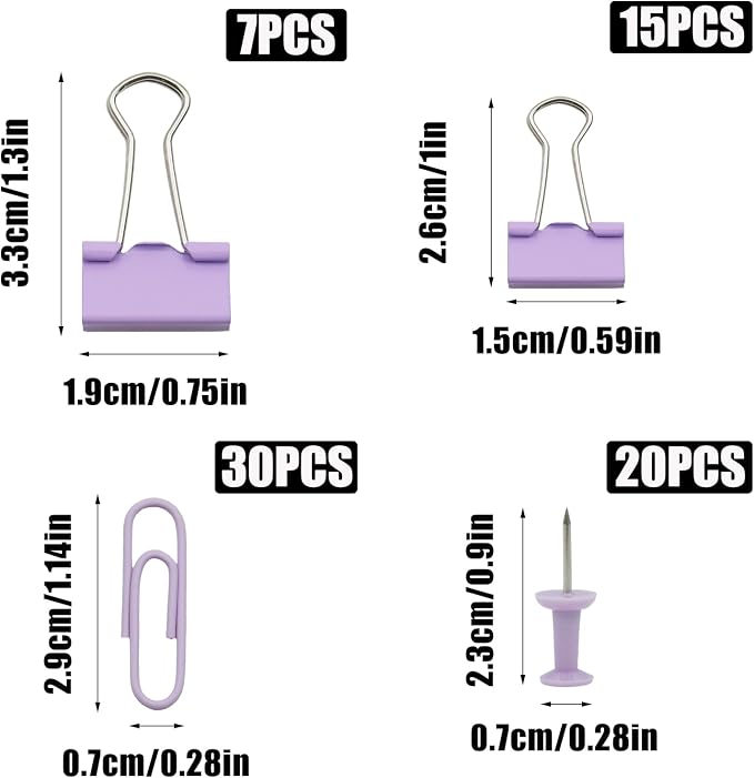 Office Supplies Set, Paper Clips, Push Pins and Binder Clips Set with Box for Office, School and Home(Light Purple)