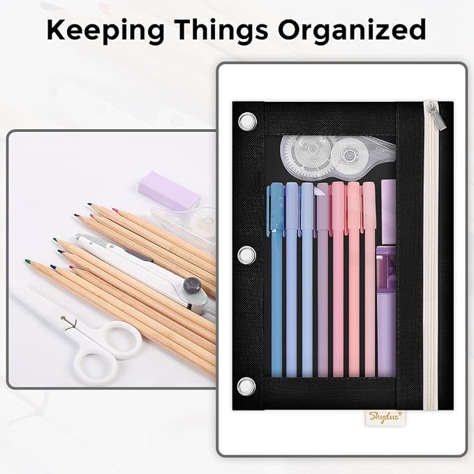 SKYDUE Pencil Pouch for 3 Ring Binder, Zipper Pencil Pouches for Girls Boys, Clear Window Pencil Bag, 3 Ring Pencil Pouch Case for Binder, Durable Organizer for School Supplies