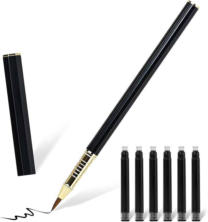M&G Calligraphy Pen Set, 1 Pcs Fountain Pen with 6 Pcs Refillable Black Ink Cartridges, Soft Brush Tip, Portable Calligraphy Brush Pens for Beginner Hand Lettering Writing Drawing Supplies (Black)