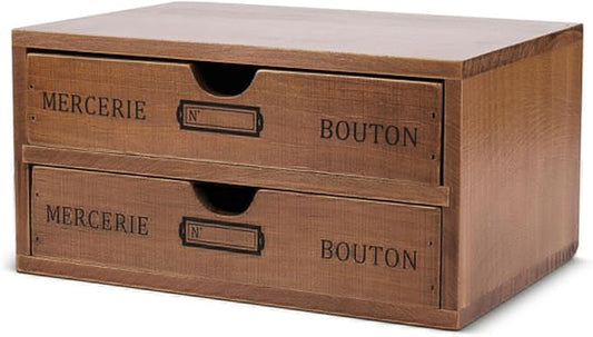 Flexzion Wood Desk Organizer with 2 Drawers, Vintage Desktop Drawers Cabinet for Office Supplies, Home Workspace, Countertop, Vanity, Craft Tools & Mail, No Assembly Required