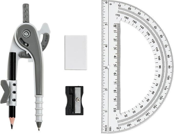 Vobou Compass for Geometry Set, 6 Inch Protractor, Clear Plastic (Gray) | 6 Inch Compass, Sharpener and Eraser, Easy Grip, Drafting Tool for Scool, Art, Drawing Precision Design for Math
