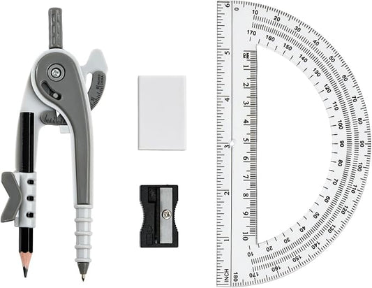 Vobou Compass for Geometry Set, 6 Inch Protractor, Clear Plastic (Gray) | 6 Inch Compass, Sharpener and Eraser, Easy Grip, Drafting Tool for Scool, Art, Drawing Precision Design for Math